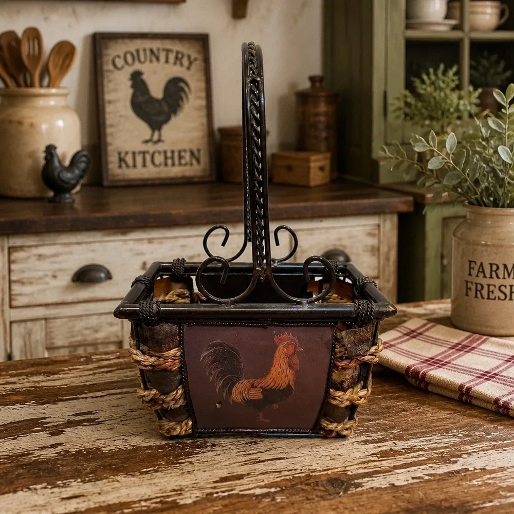Rooster Decorative Basket Small Brown Rustic Farmhouse Country Kitchen Farm